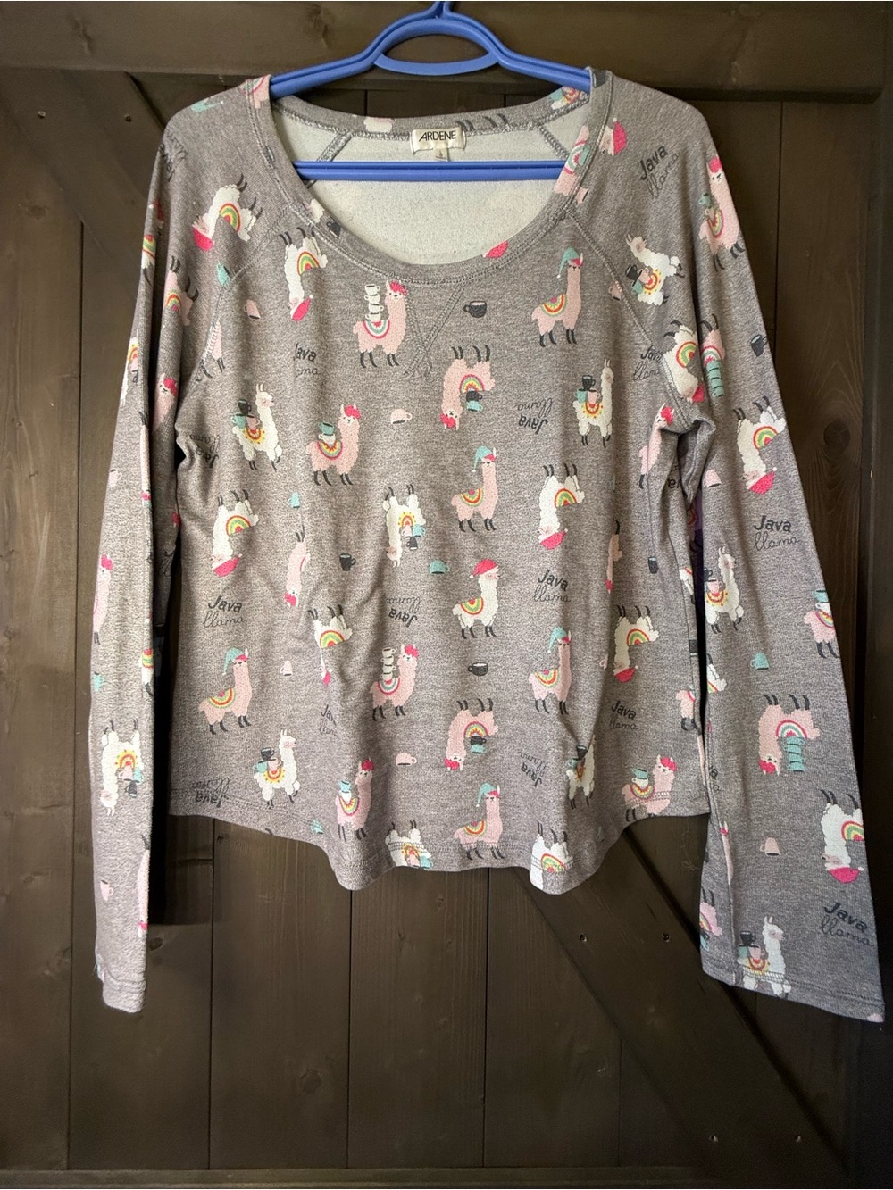 Ardene Light Gray Top with Pink and Blue lamas